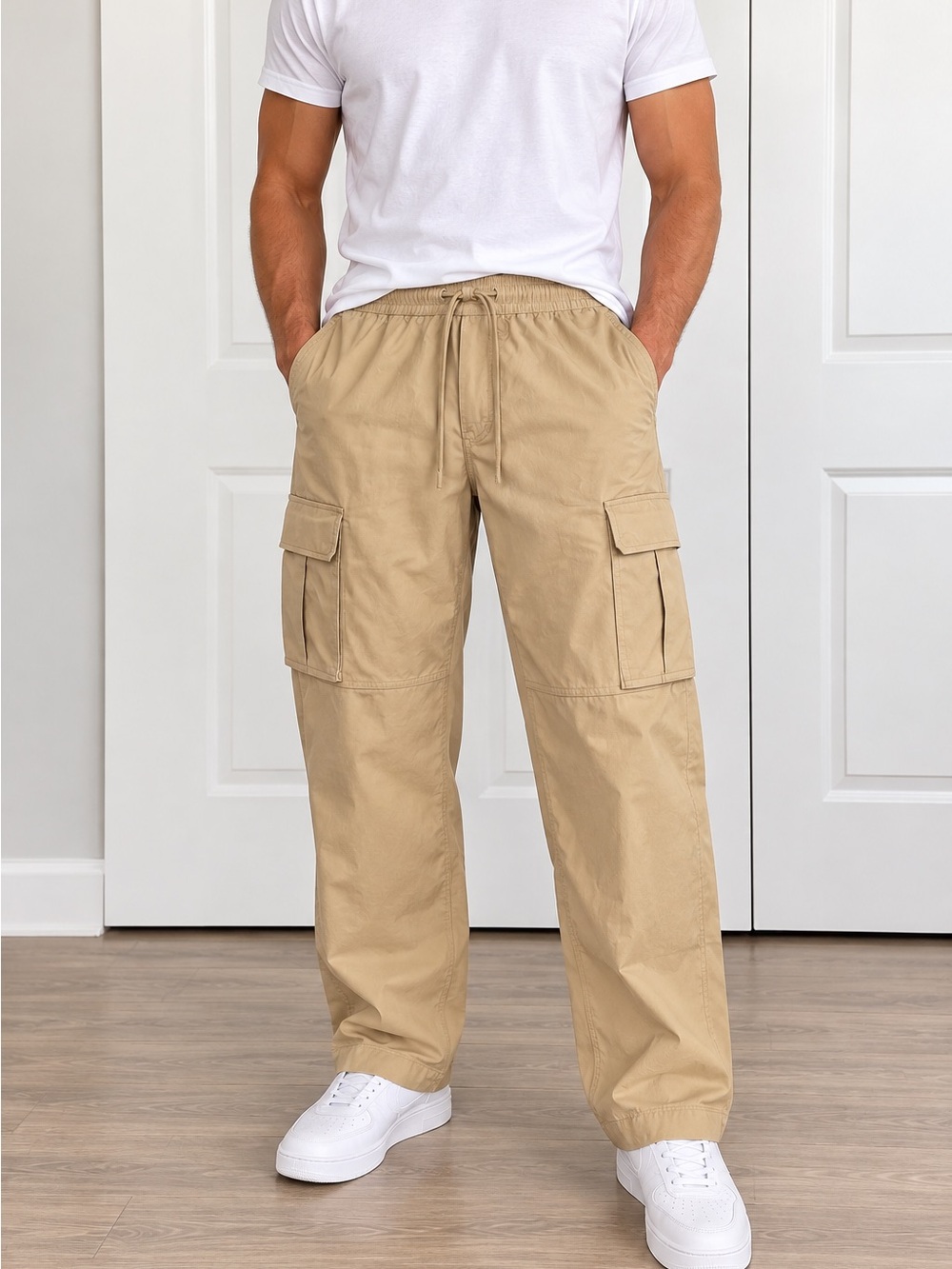 CSG Men's Cargo Pants Large NWT Beige Relaxed Fit Drawstring Utility